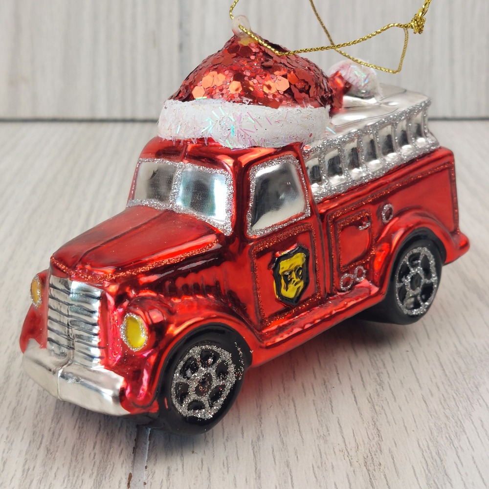 Fire Truck Christmas Ornament Glass Santa Hat Red Glitter Holiday Decoration